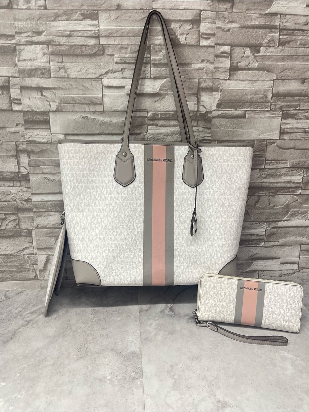 Michael Kors Eva Center Stripe Tote & Matching Wallet Bright White Pearl Gray